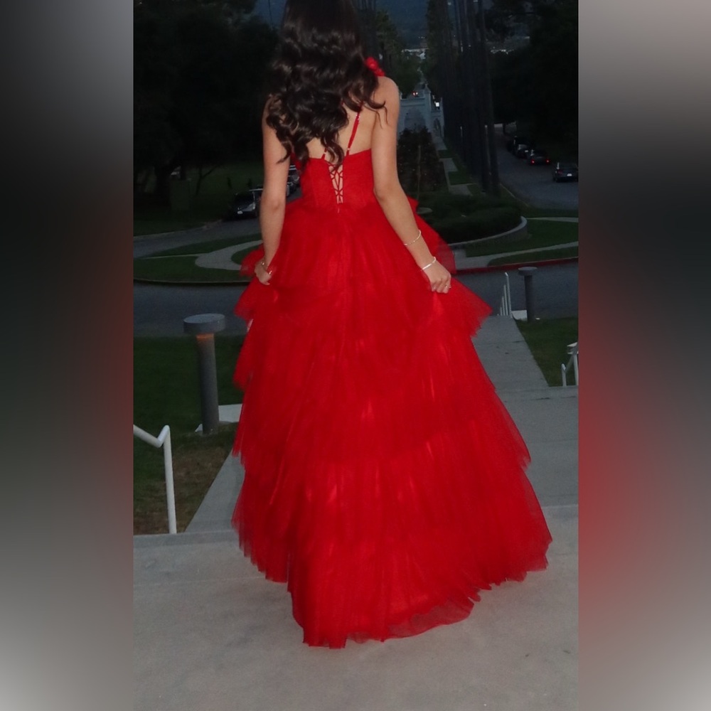 Red Asymmetrical Ruffled One Shoulder Gown - Picture 2 of 2